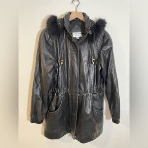 Worthington Lambskin Soft Leather Fox Fur Jacket Sz M Black Detachable Hood VTG